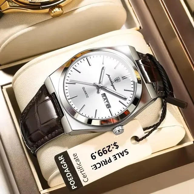 Poedagar 930 Elegant Ultra-Thin Gemstone Leather Luminous Quartz Watch- Brown