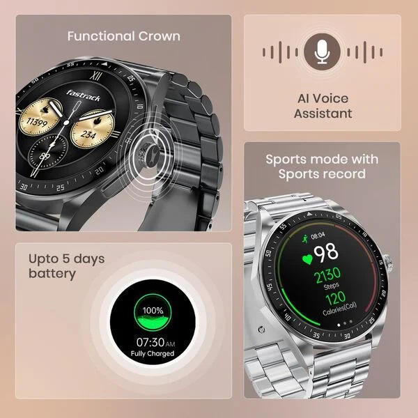 Fastrack Radiant FX1 Luxury Metal Smartwatch with 3.6 cm AMOLED Display, SingleSync BT Calling, Functional Crown - Steel