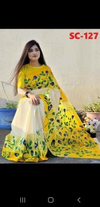 হাফসিল্ক শাড়ীতে হ্যান্ডপ্রিন্ট তুলির কাজ করা