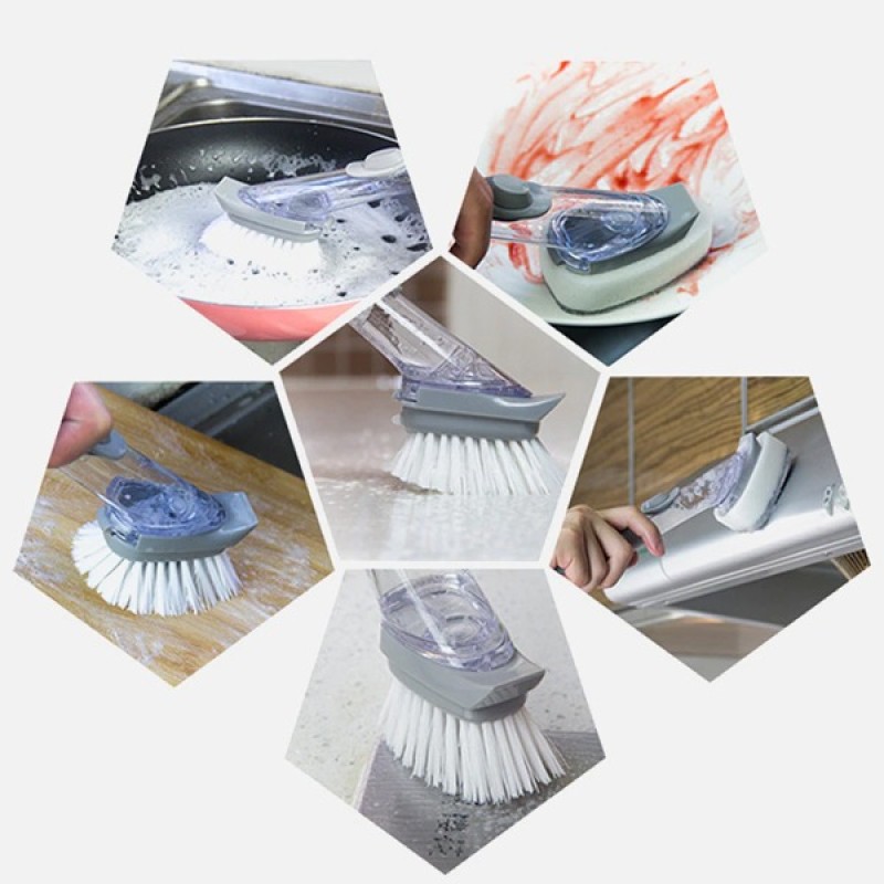 2 in 1 Kitchen Cleaning Brush Long Handle Automatic Liquid Sponge Dispenser Dishwashing Sponge Cleaner Household Cleaning Tools