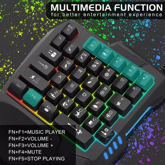 Jedel K601 RGB Portable Mini 35 Keys Single Hand Wired Gaming Keyboard with Anti-Ghosting & Wrist Support