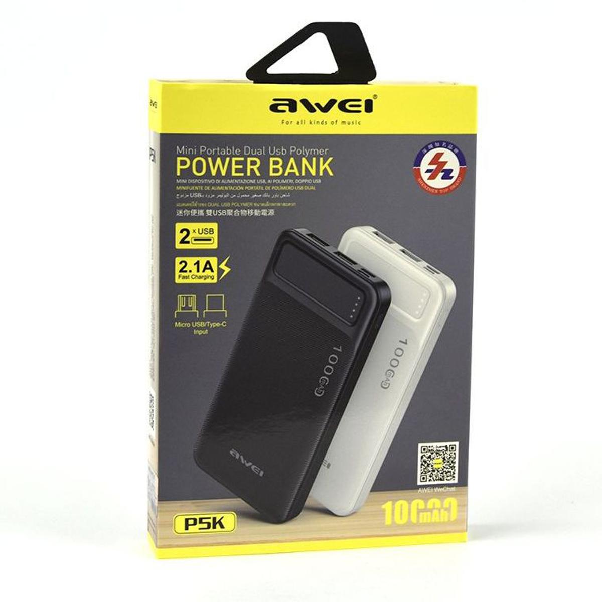AWEI P5K Portable Power Bank 10000mAh Power bank Dual USB A Type c Micro Dual input Fast Charge Travel Power bank