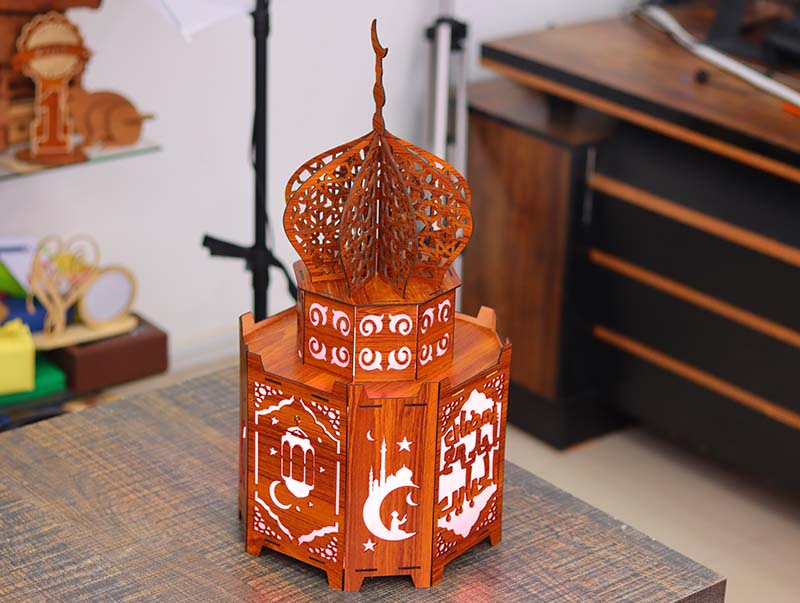 Laser Cut Wooden Ramadan Kareem Lantern LED Light Lamp