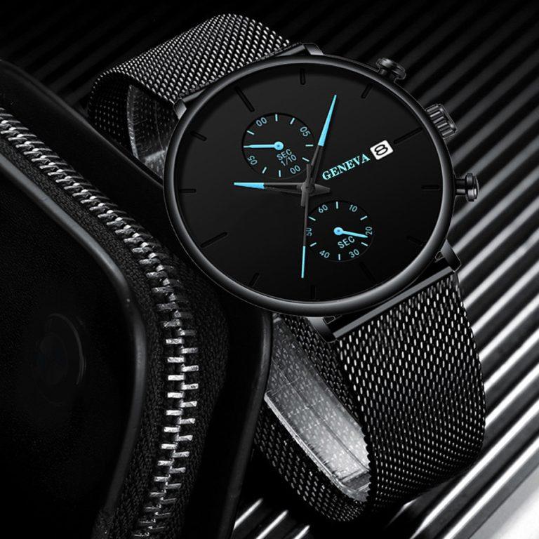 Geneva Pure Black Mesh Strap Men’s Watch | Large Dial Quartz Calendar Business Casual Watch