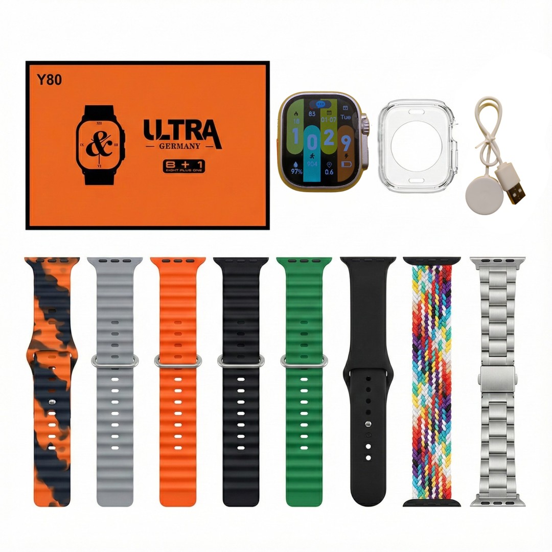 Y-80 Ultra Smartwatch with Bluetooth Calling & Full HD Display – Includes 8 Extra Straps + 1 Attached
