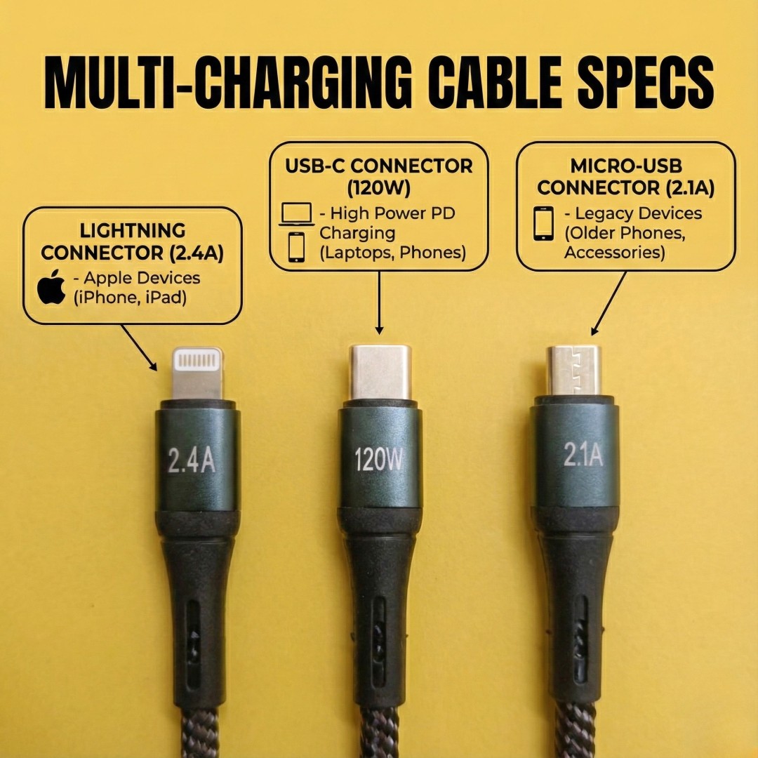 Awei CL-972 3-in-1 Fast Charging Cable (120W) – Nylon Braided USB-C, Lightning & Micro-USB Multi-Charger (1.2M)