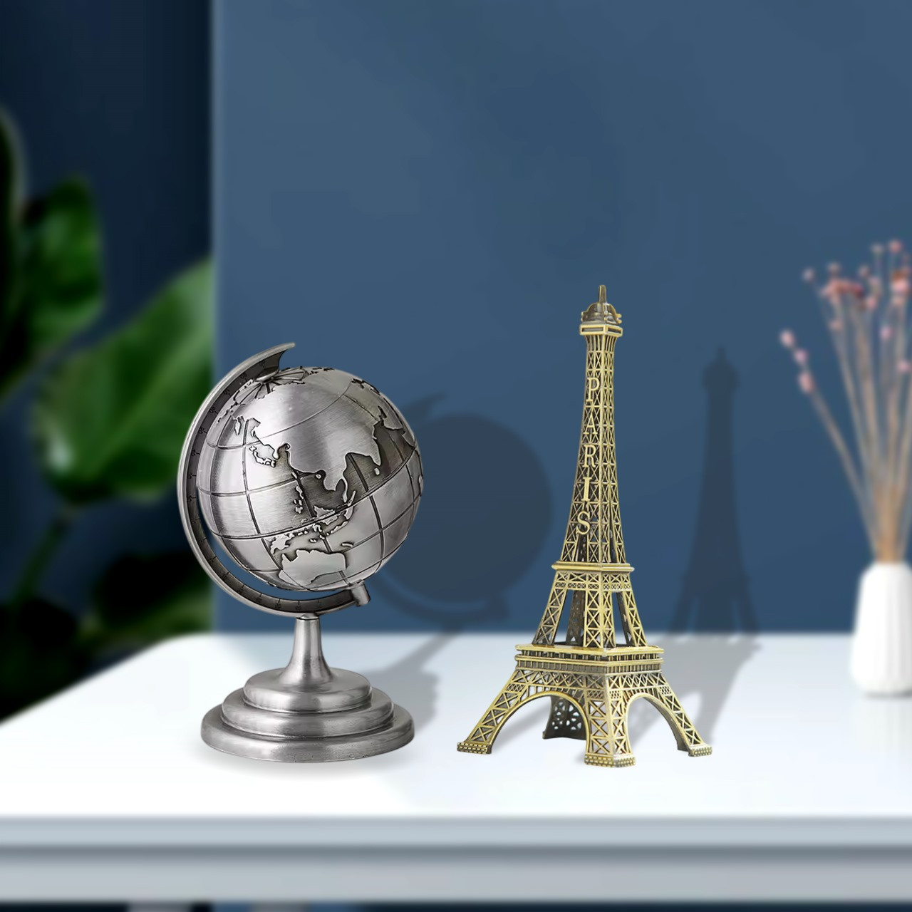 World Map 3D Rotating & Eiffel Tower Metal Showpiece Decoration Gift