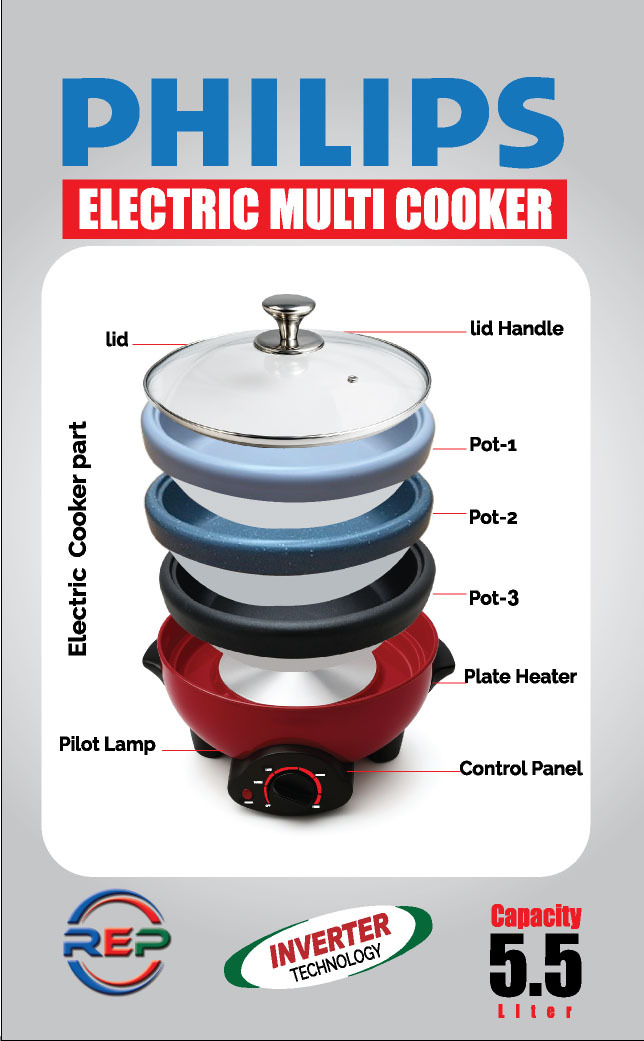 PHILIPS Electric Multi Curry Cooker 3 Pot Removable non-stick pan, Automatic cooking and warming system (5.5 LTR) 1500w