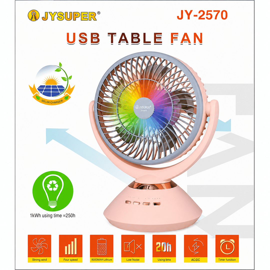 JYSUPER JY-2570 Rechargeable USB Table Fan 8000mAh Battery 4 Speed Portable Desk Fan with 7 Color LED Light Low Noise AC/DC Fan-JYSUPER JY-2570 রিচার্জেবল USB টেবিল ফ্যান 8000mAh ব্যাটারি, ৪ স্পিড, ৭ 