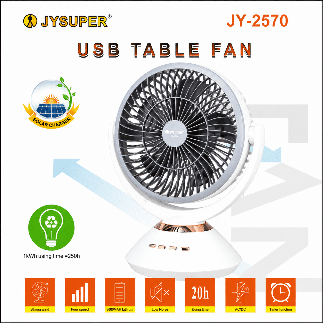 JYSUPER JY-2570 Rechargeable USB Table Fan 8000mAh Battery 4 Speed Portable Desk Fan with 7 Color LED Light Low Noise AC/DC Fan-JYSUPER JY-2570 রিচার্জেবল USB টেবিল ফ্যান 8000mAh ব্যাটারি, ৪ স্পিড, ৭ 