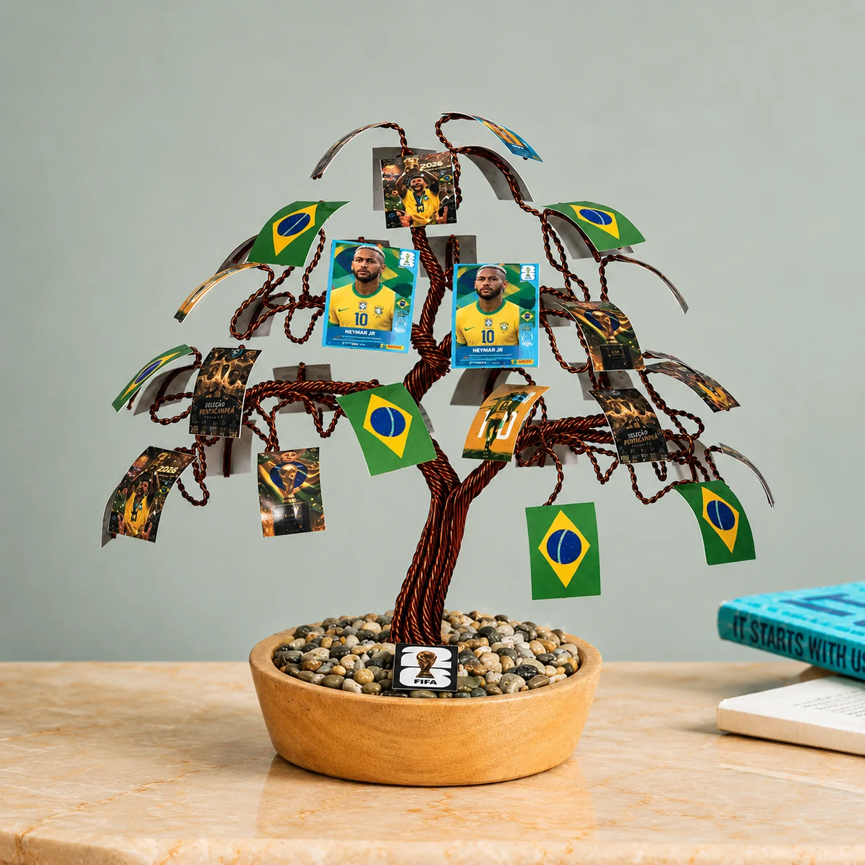 Handcrafted Aluminium Wire Brazil World Cup Bonsai Tree – Premium Desk Decoration for Home & Office