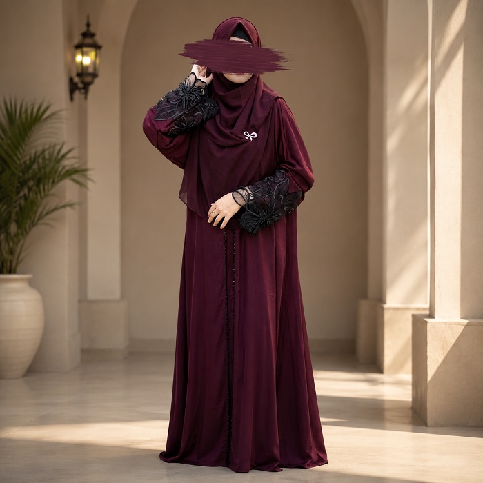 Premium Dubai Cherry Fabric: Elegant Lace Abaya Borka maroon Color 13278