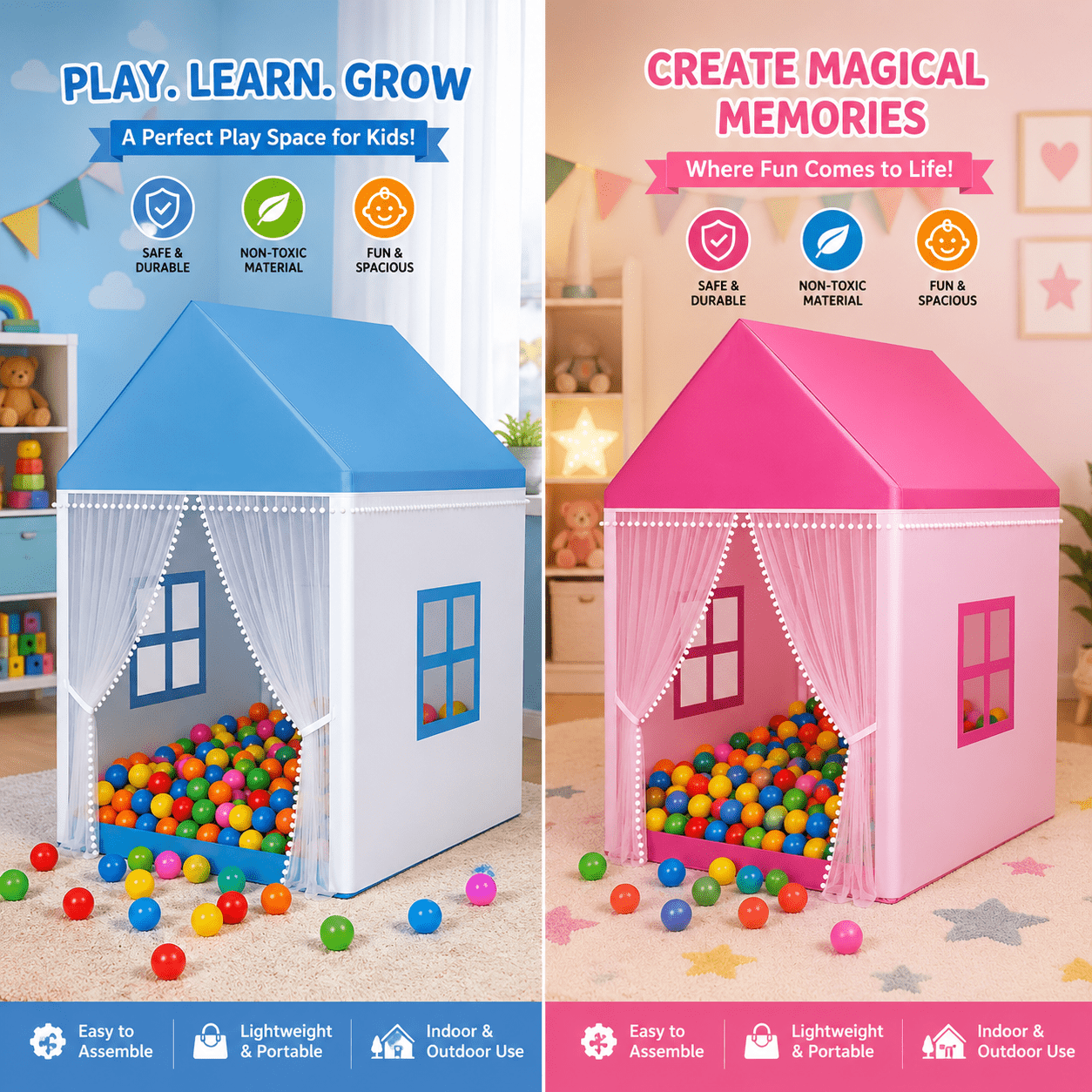 Kids Play Tent House with 30 pieces Colorful Plastic Balls | Foldable Indoor Outdoor Ball Pit Tent for Boys & Girls | Portable Children Playhouse-৩০টি বিভিন্ন রঙের প্লাস্টিক বলসহ কিডস প্লে টেন্ট হাউস 