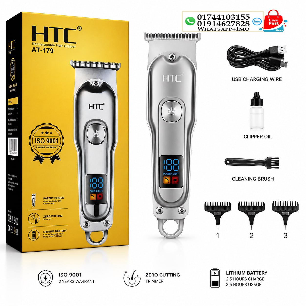 Original HTC AT-179 Rechargeable Hair Clipper & Beard Trimmer for Men | Cordless Grooming Kit with Stainless-Steel Blades & Adjustable Settings 12790
