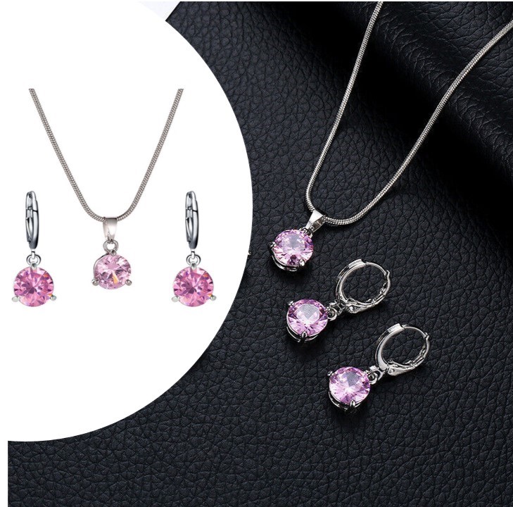 Cubic Zirconia Round Pendant Chain Necklace Hoop Earrings Jewelry Set