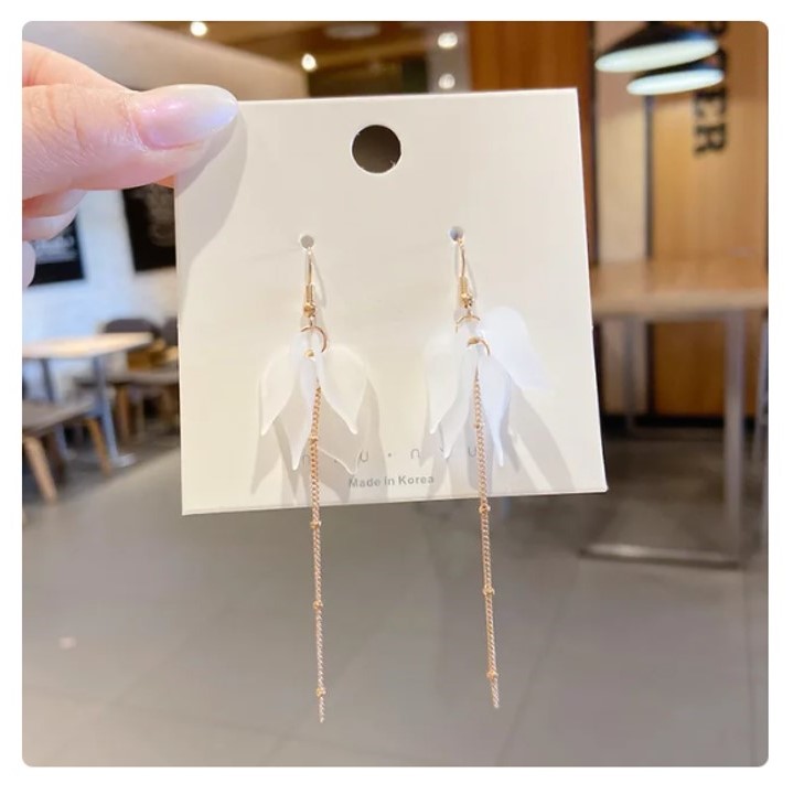 Gold White Flower Petal Long Pendant Earring for Women