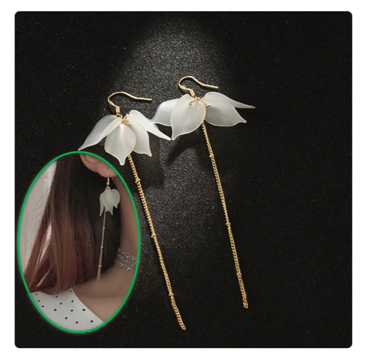 Gold White Flower Petal Long Pendant Earring for Women