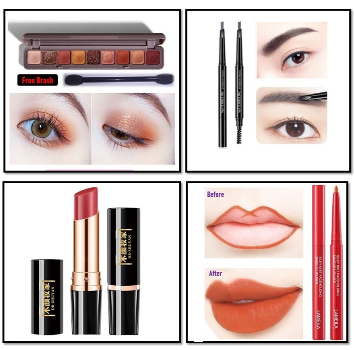 4 in 1 Beauty Combo: Eyeshadow Palette, Color-Changing Lipstick, Lip Liner & Eyebrow Pencil – The Ultimate Makeup Set for Women