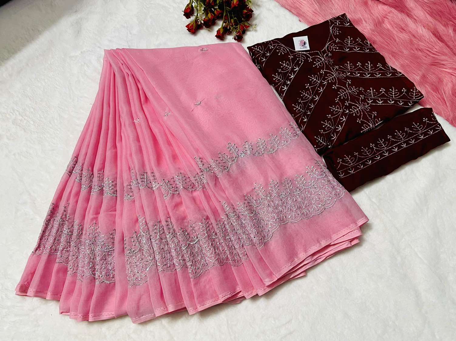 Pure jorjet with embroidery and saree and blouse jorjet