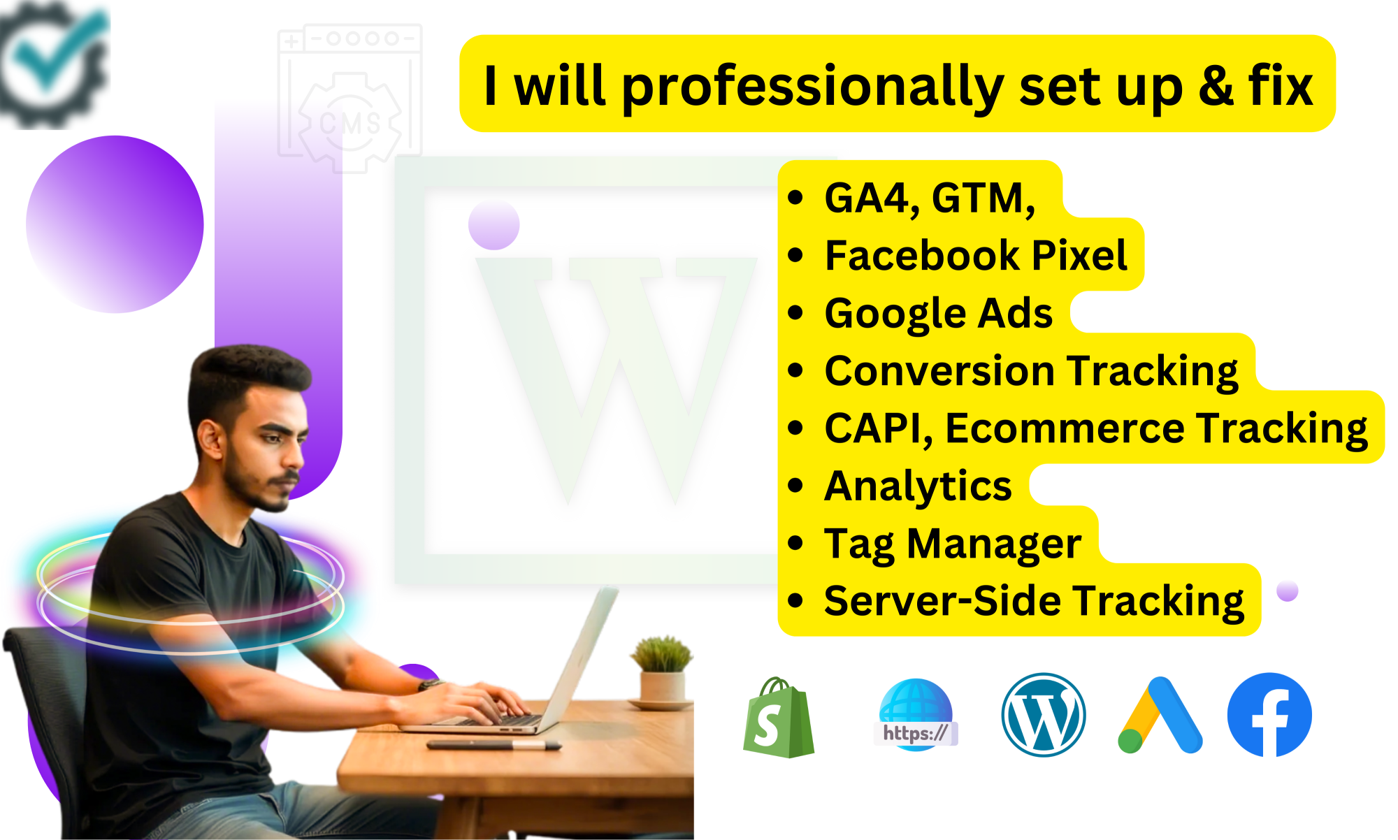 Set Up GA4, GTM, Facebook Pixel & Google Ads Conversion Tracking.