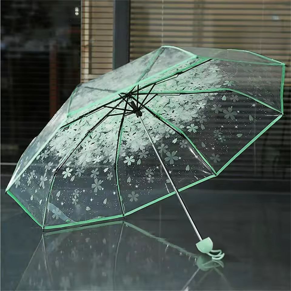 Transparent Flower Umbrella for Women, Anti-UV Parasol, Cherry Blossom, 3 Folding Umbrellas, Rain Umbrella