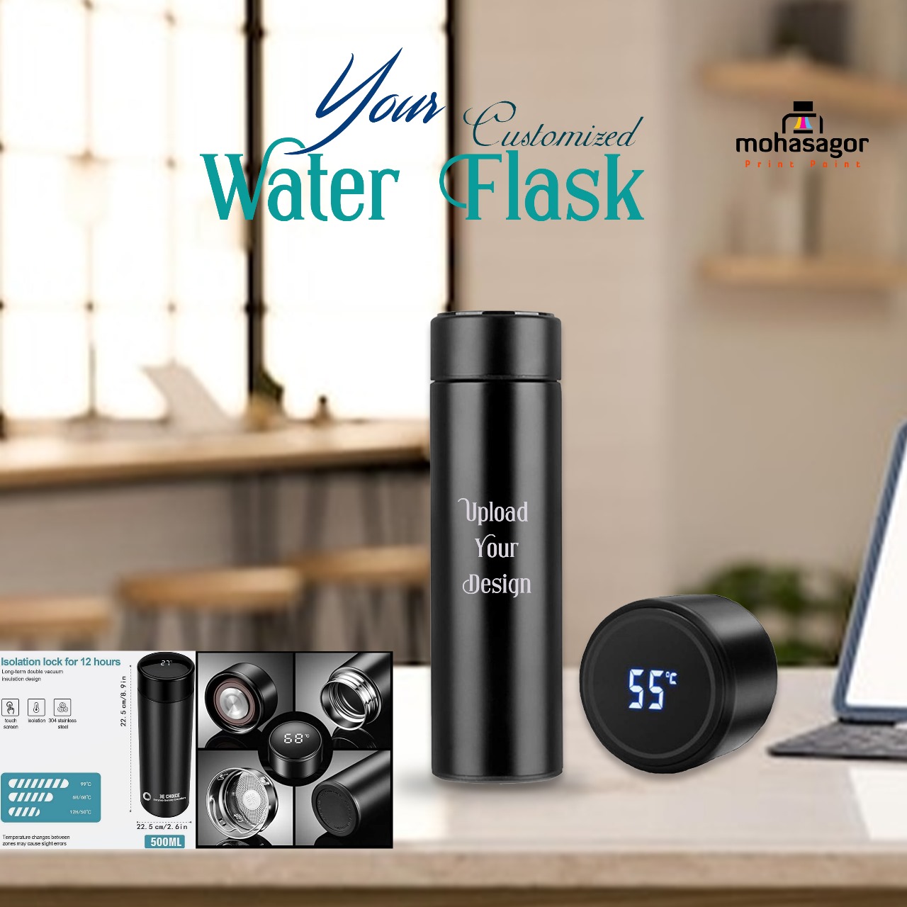 Customize Your LED Thermal Flask with Temperature Indicator Stainless Steel Flask Code : 7299