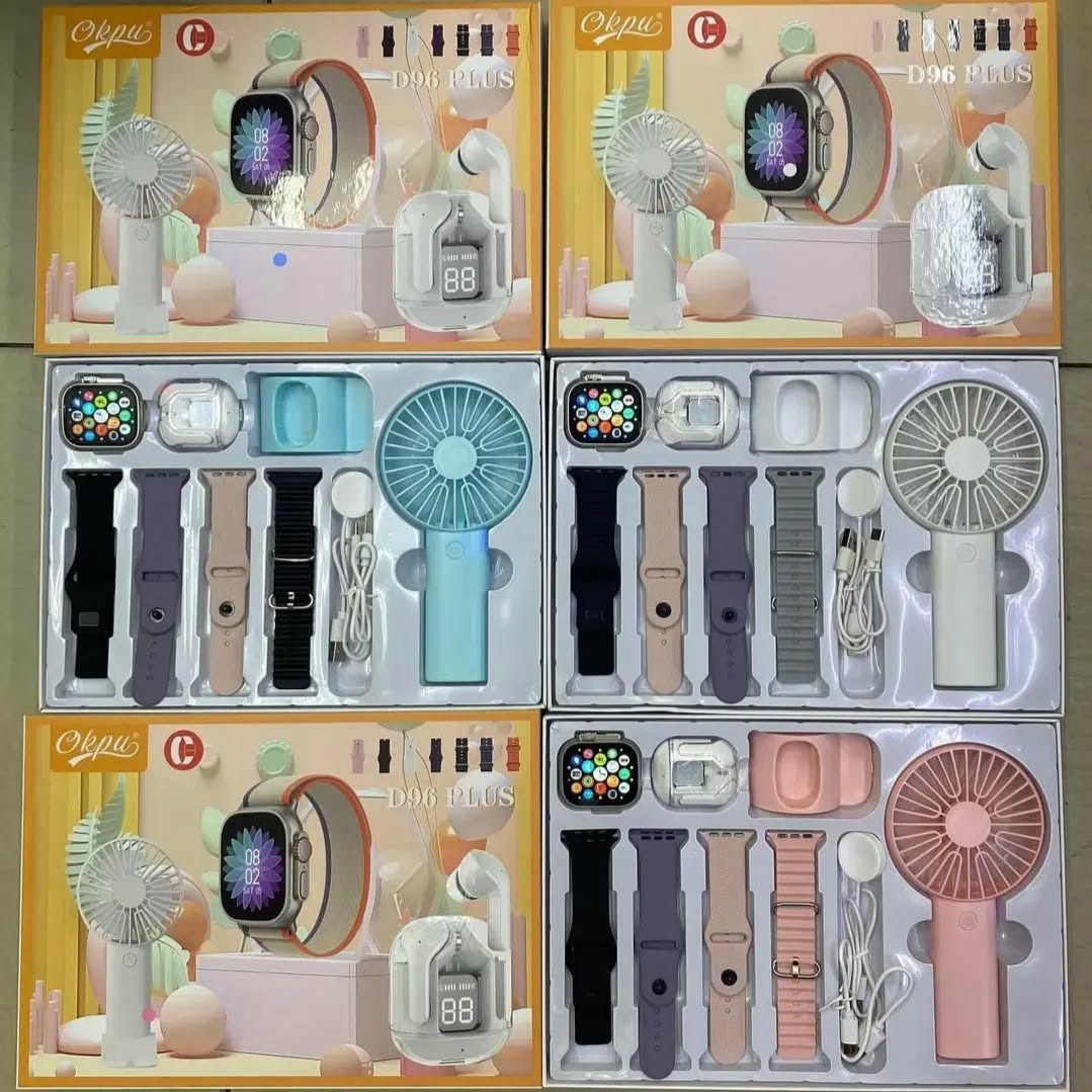 D96 Plus Smartwatch, Handy Fan and Earbuds Combo Set. Bluetooth Calling Smart Watch with 4 Straps, Best Quality Hand Fan and Earbuds Gift Set