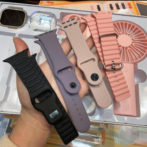 D96 Plus Smartwatch, Handy Fan and Earbuds Combo Set. Bluetooth Calling Smart Watch with 4 Straps, Best Quality Hand Fan and Earbuds Gift Set