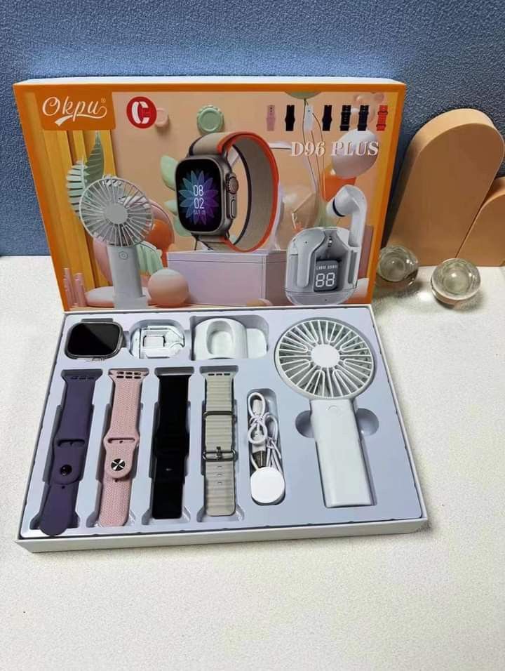 D96 Plus Smartwatch, Handy Fan and Earbuds Combo Set. Bluetooth Calling Smart Watch with 4 Straps, Best Quality Hand Fan and Earbuds Gift Set