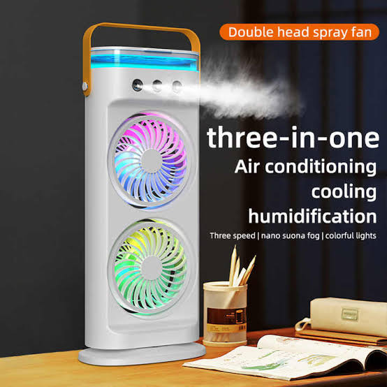 3 in 1 Double Head LED Water Spray Portable Ice Mist Cooling Fan.