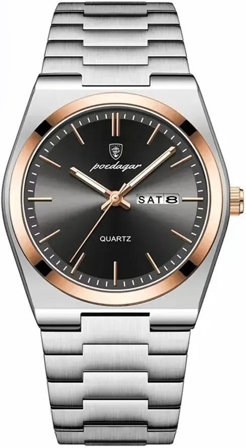 POEDAGAR 930 Business Luminous Stainless Steel Quartz Men’s Watch- Silver Black & Rose Gold