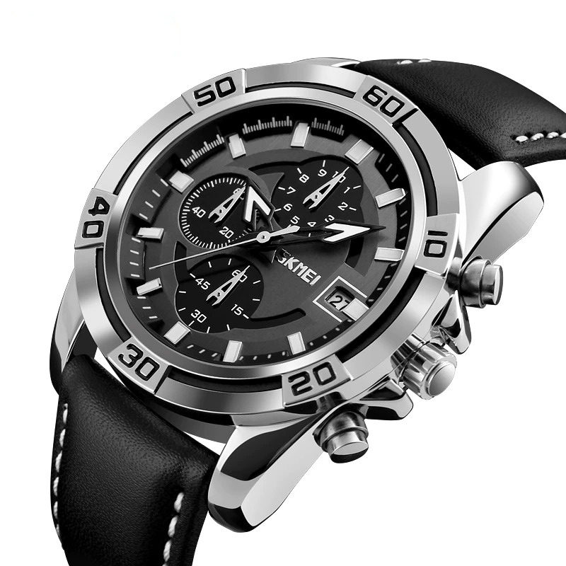 SKMEI 9156 Chronograph Leather Watch for Men- Black