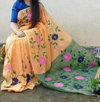 হাফসিল্ক শাড়ীতে হ্যান্ডপ্রিন্ট তুলির কাজ করা