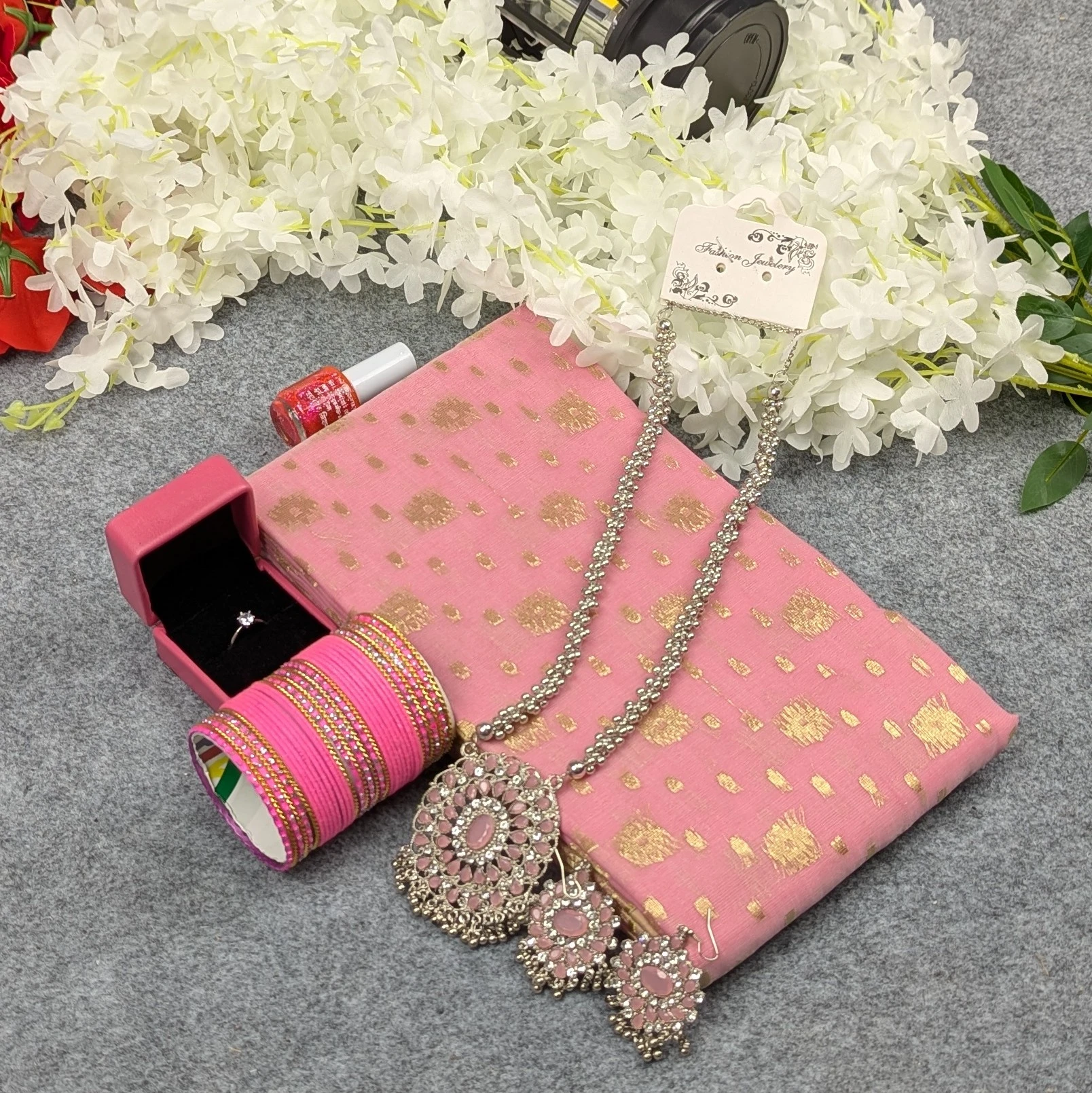 Premium Half Silk Jamdani Saree Combo Set - Pink