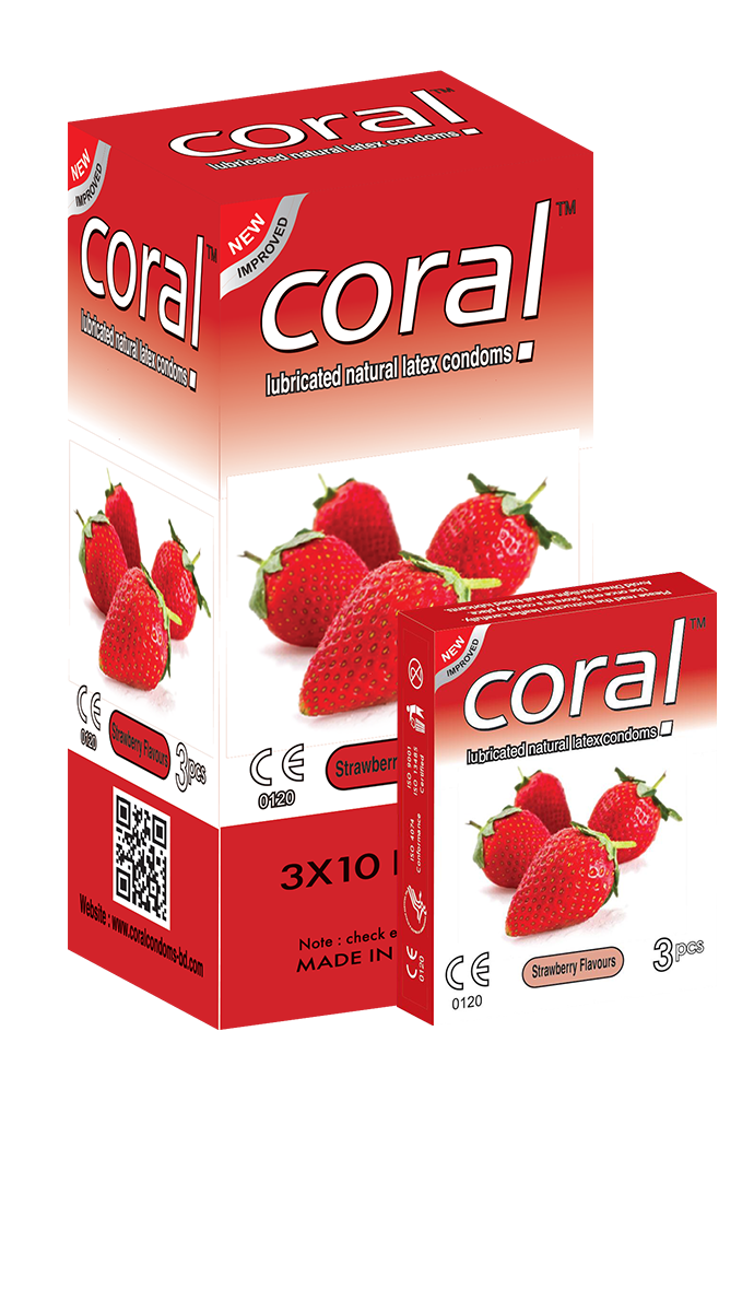 Coral Strawberry Flavors Lubricated Natural Latex Condoms Full Box (30 Pcs)