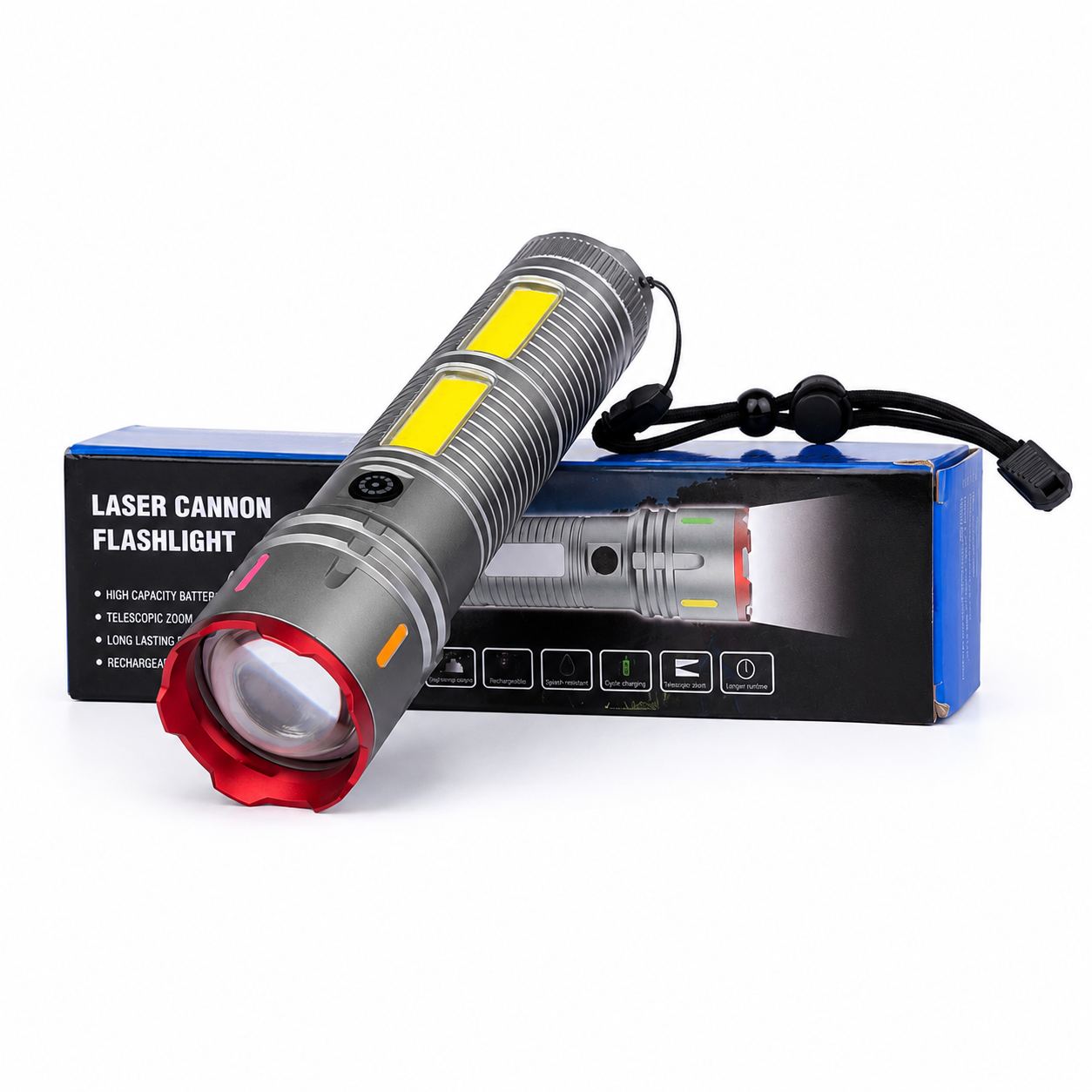 Premium Laser Cannon X03 Metal Tactical Flashlight -Long Lasting LED Torch with Built-in Power Bank