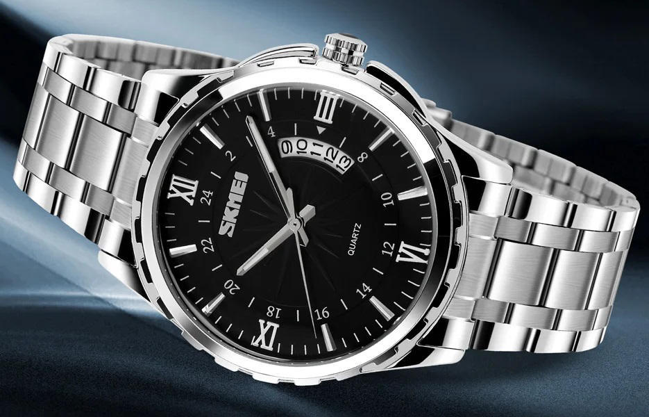 Skmei 9069 luminous needles stainless luxury Men’s watch- Silver Black