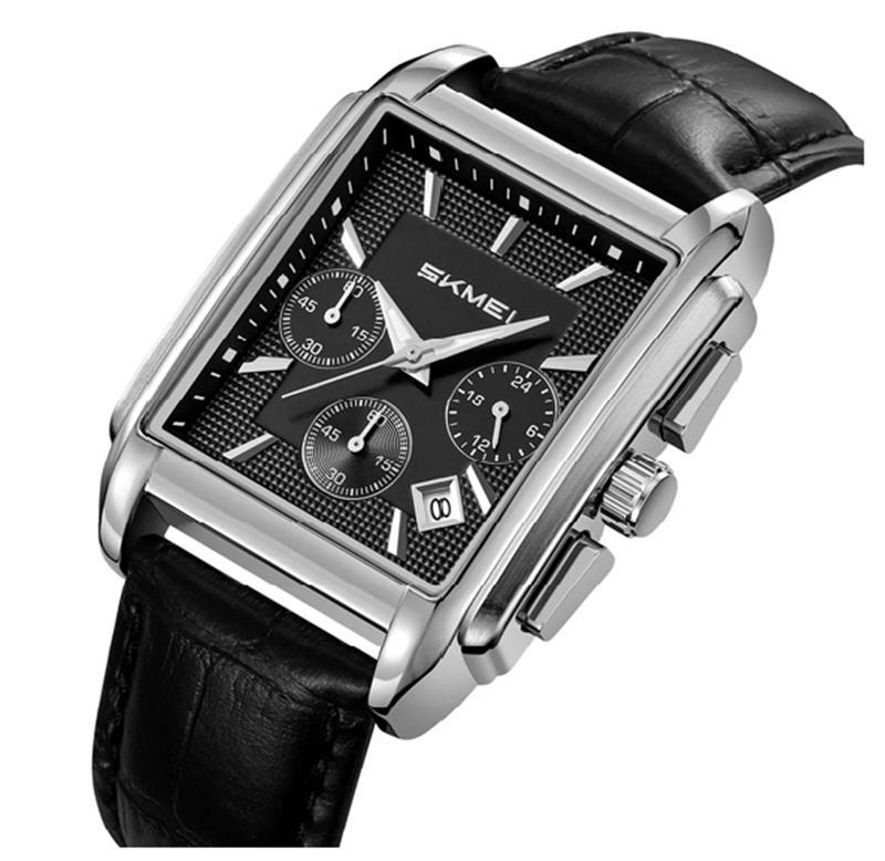 Skmei 2339 Square Dial Leather Strap Watch for Men-Silver & Black