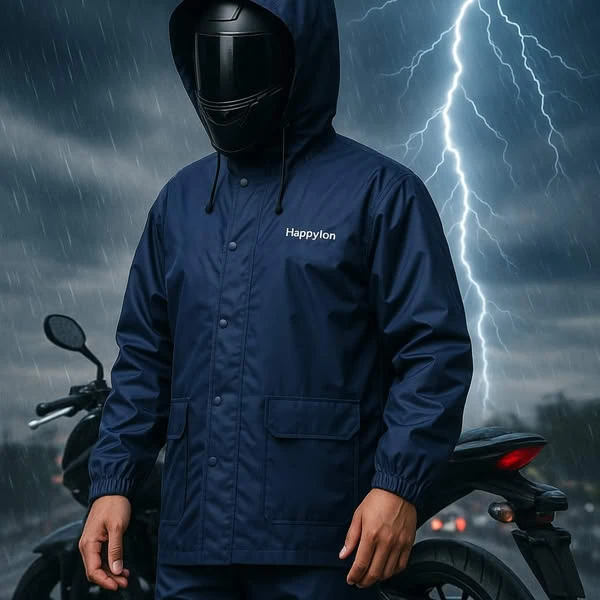 100% Water proof High quality Rain Coat With Pant. (Happylon) Blue