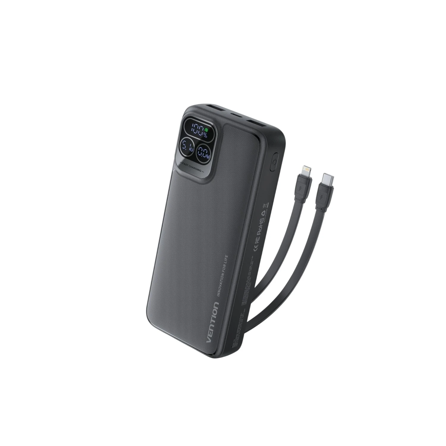 VENTION I15BB-V2 20000mAh 22.5W Power Bank with Built-in USB-C & Lightning Cables – Black