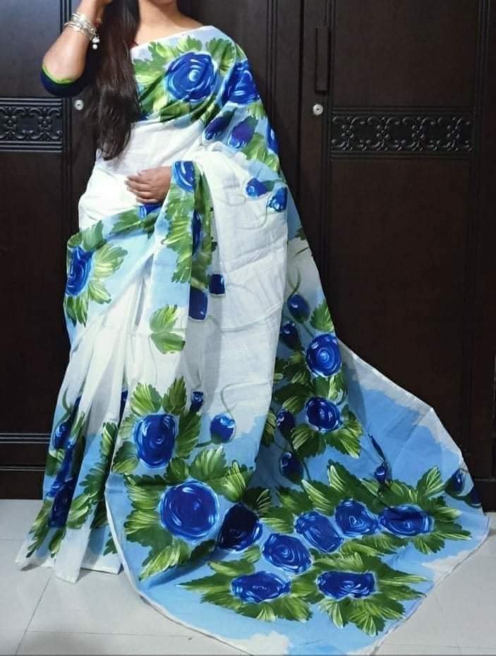 হাফসিল্ক শাড়ীতে হ্যান্ডপ্রিন্ট তুলির কাজ করা