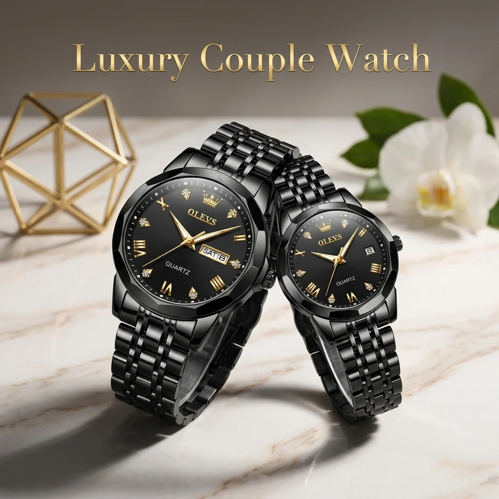 Olevs Stainless Steel fashionable Couple watches Full Black