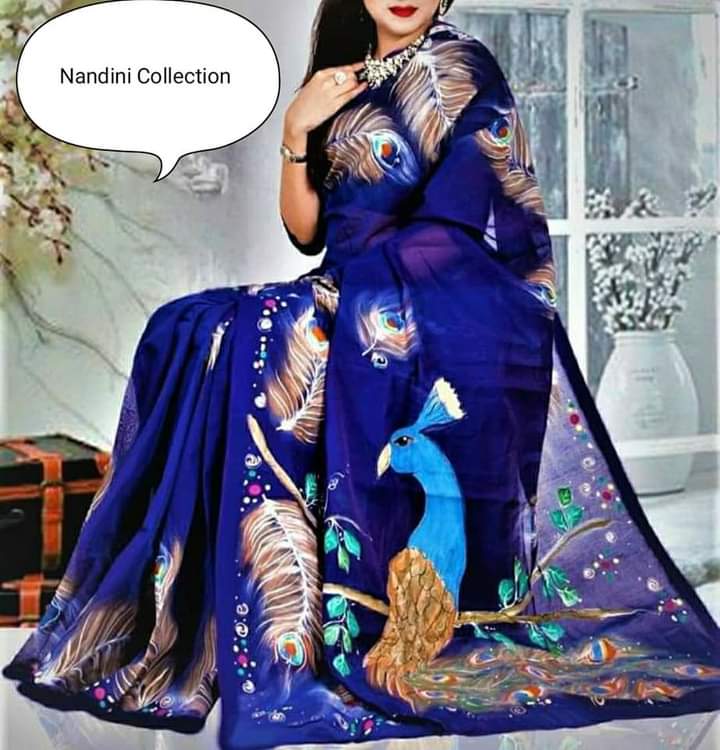 হাফসিল্ক শাড়ীতে হ্যান্ডপ্রিন্ট তুলির কাজ করা