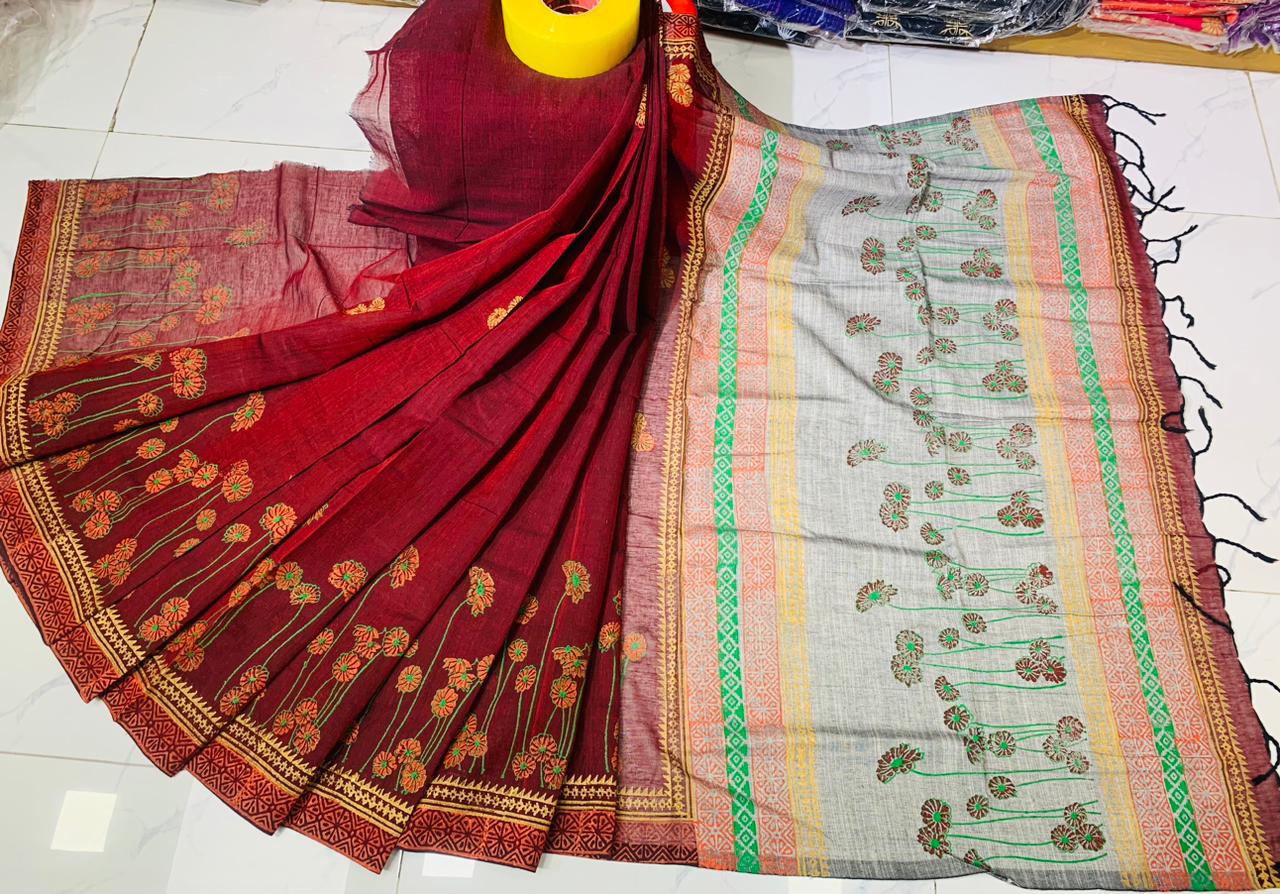 সুতি ব্লক প্রিন্ট শাড়ী