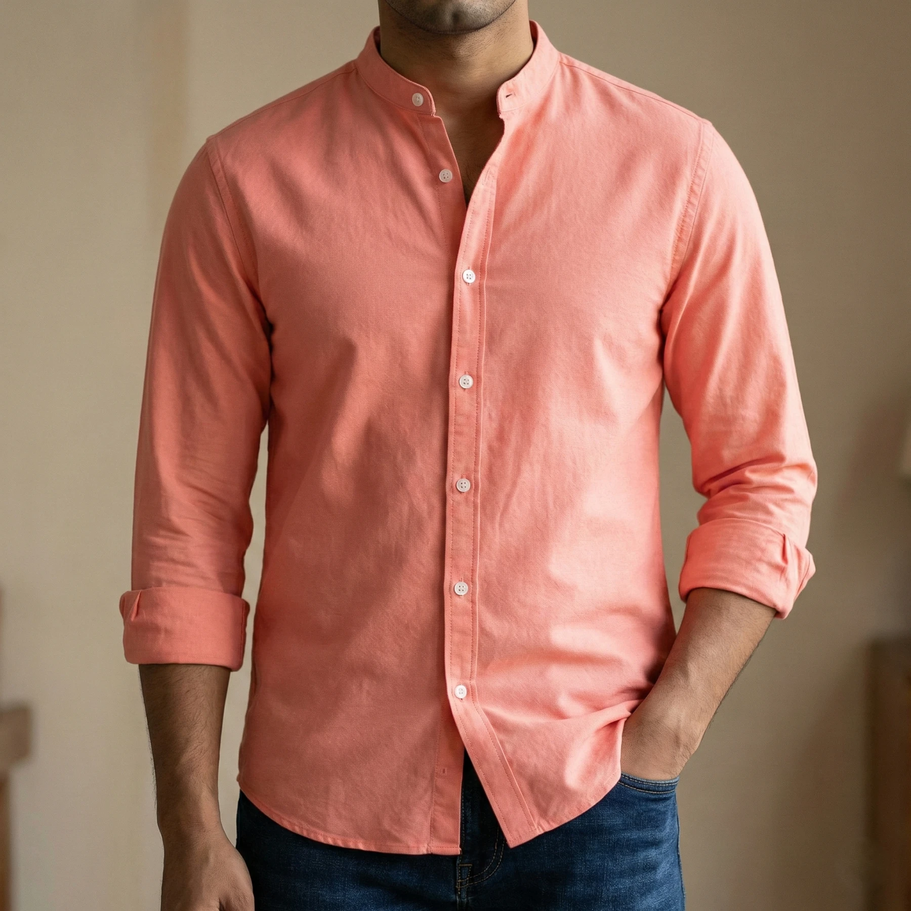Men's Solid Colour Ban color Shirt (Pink)