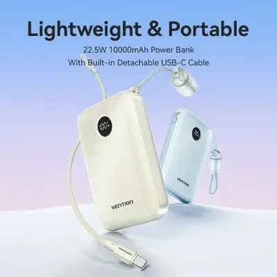 VENTION FKAL0-C 22.5W 10000mAh LED Display Power Bank with Built-in USB-C to C Cable - Blue