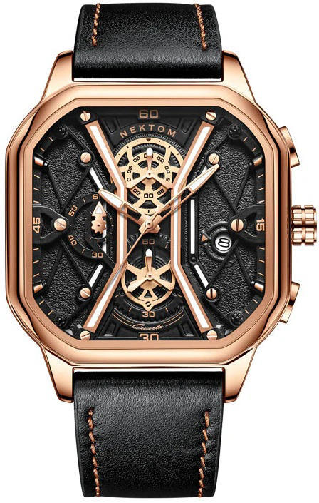 Nektom 8238 Leather Multifunctional Watch for Men - Gold
