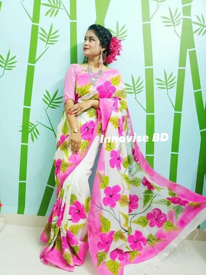 হাফসিল্ক শাড়ীতে হ্যান্ডপ্রিন্ট তুলির কাজ করা