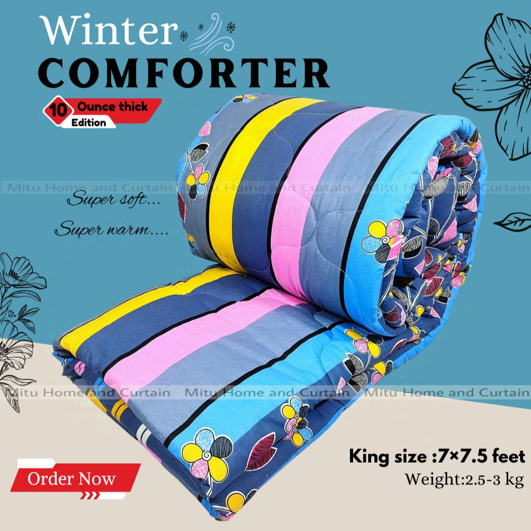 King Size Exclusive Cotton Fabric Winter Comforter with European Cube Design, 84*90 in / 7*7.5 ft (Blue Flower Art)