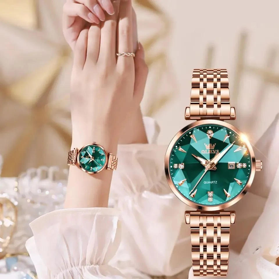 Olevs 5536 Diamond Cart Luxury Exquisite Women’s Watch - Rose Gold & Green